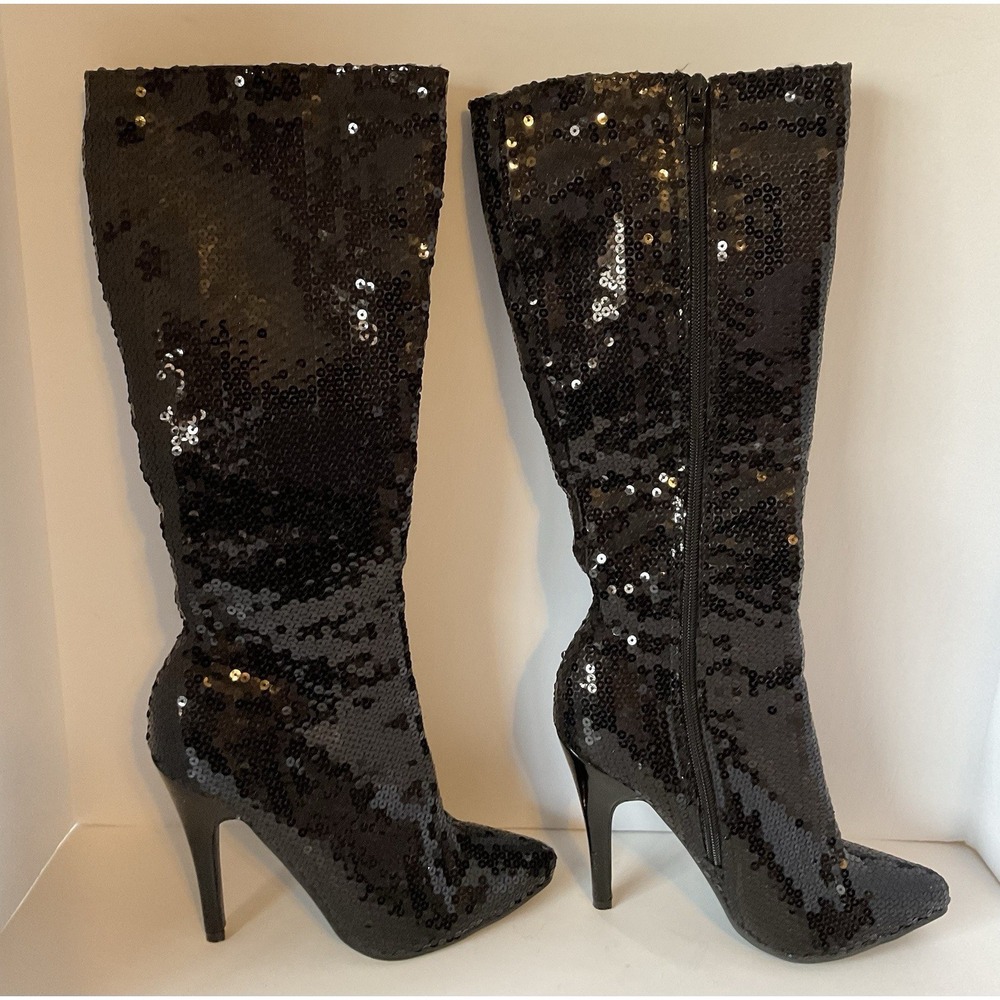 Ellie Sequin High Heel Knee 5‎ Inch High Black Sequin Boots Size 8